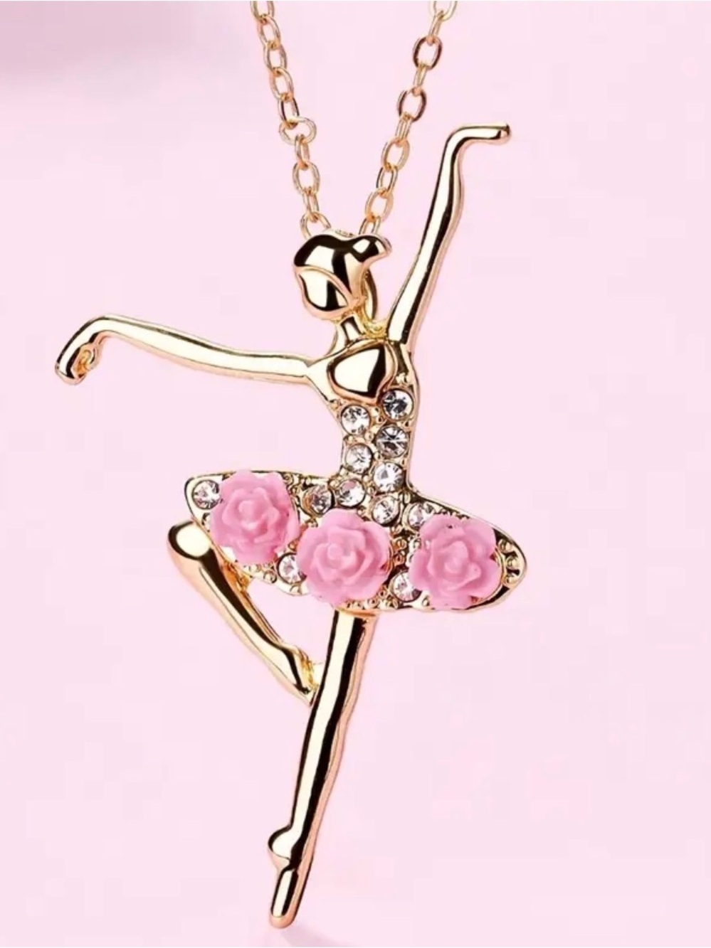 Gold Ballet Pink Floral Dancer Necklace.